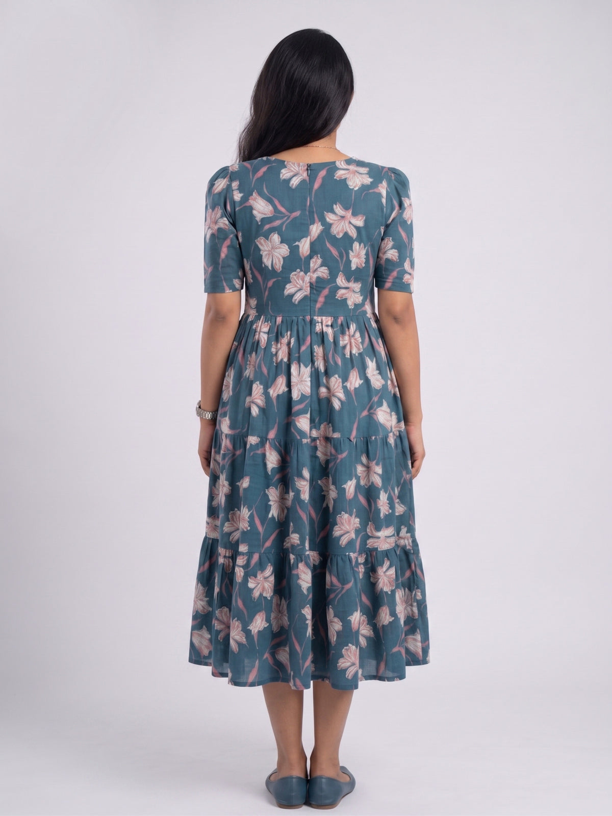 Women Teal Blue Floral Printed Rayon Tiered Long Frock Kurti.