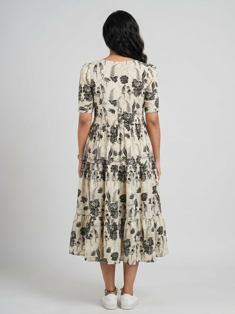 Beige & Black Botanical Flamingo Printed Rayon Tiered Frock Kurti.
