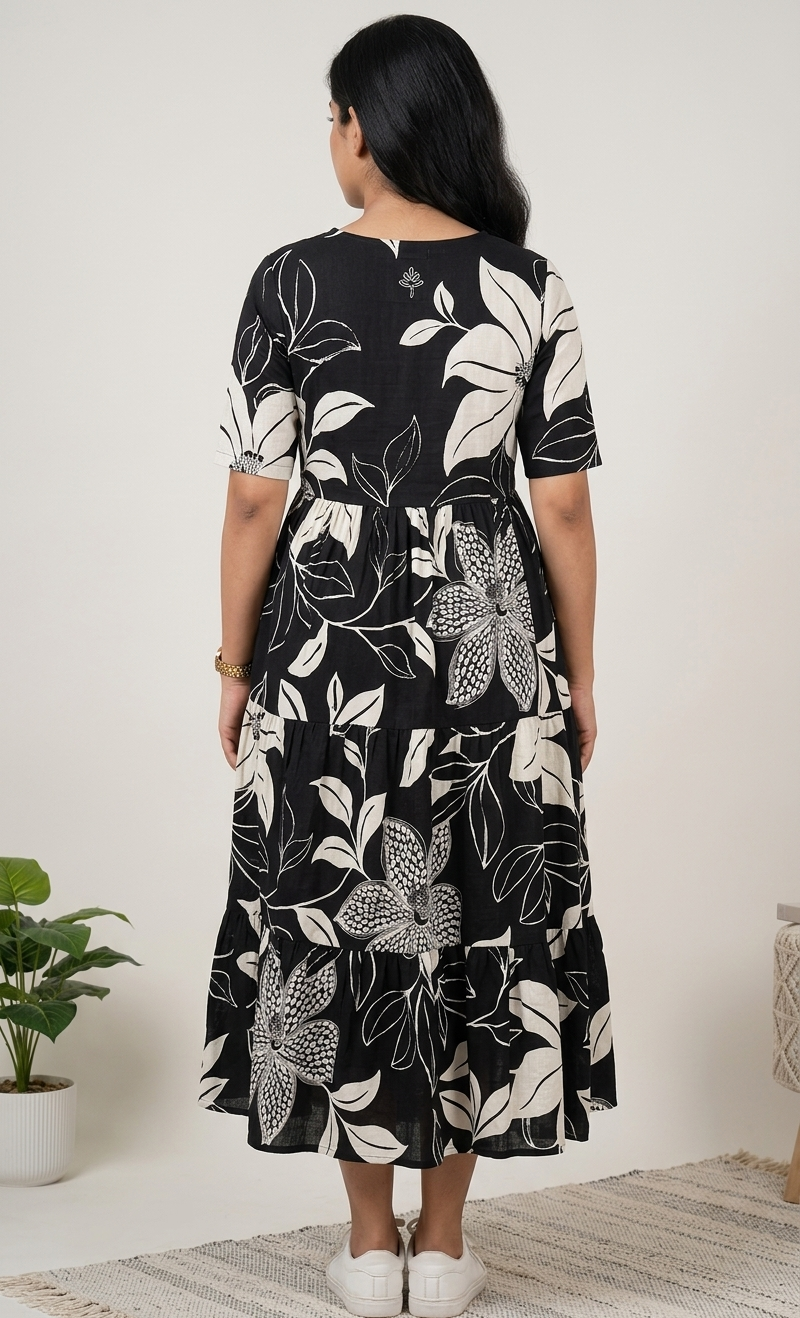 Women Black & Off-White Floral Printed Rayon Tiered Long Frock Kurti.