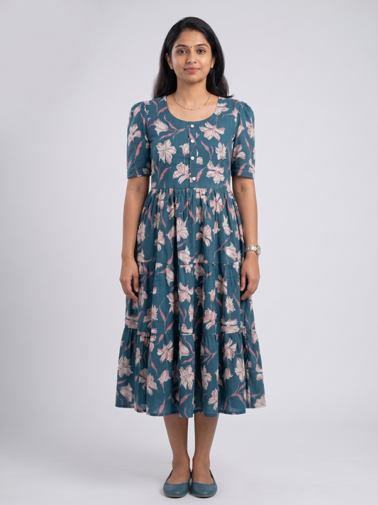 Women Teal Blue Floral Printed Rayon Tiered Long Frock Kurti.