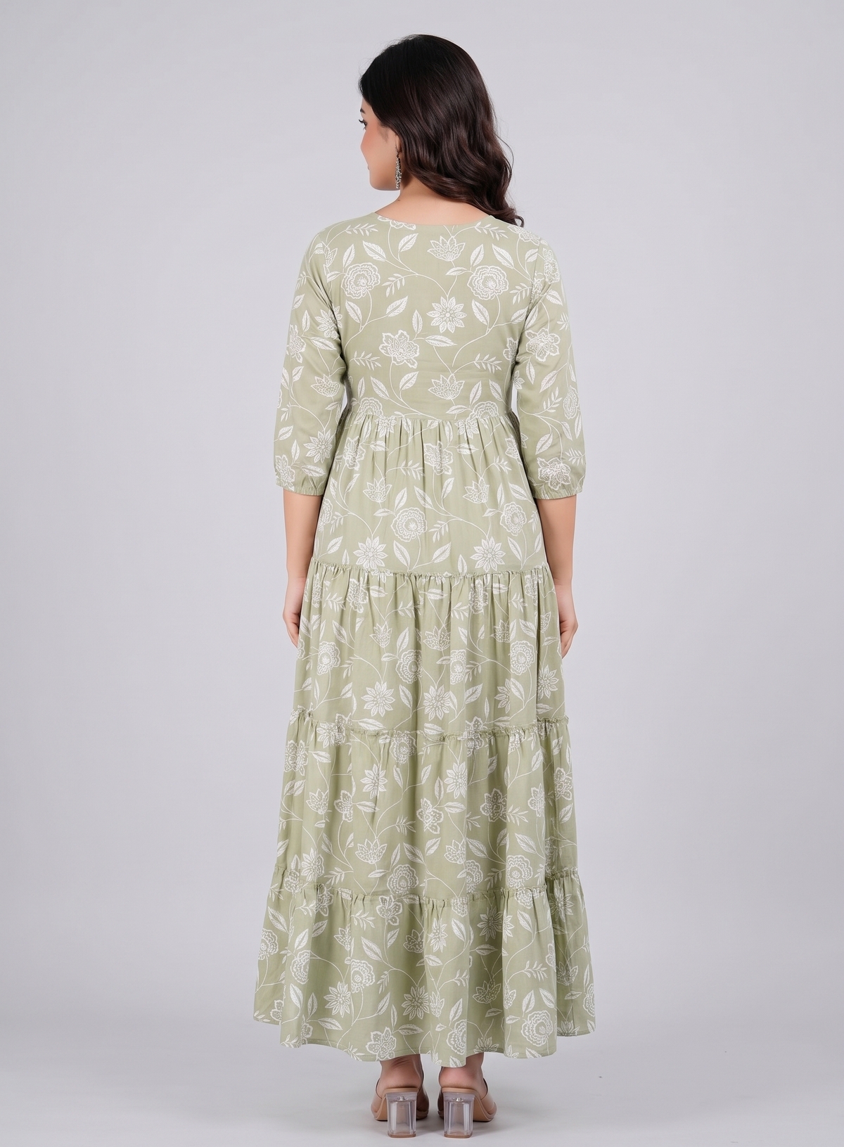 Women Sage Green Floral Printed Rayon Tiered Anarkali Kurti / Gown