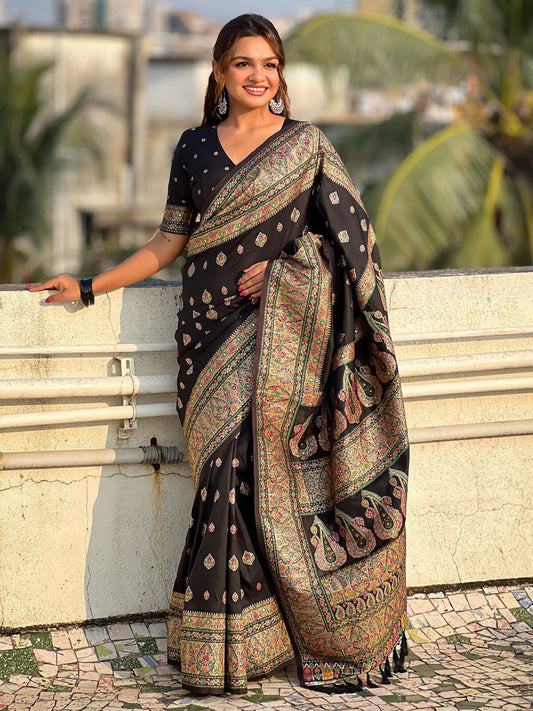 Black and Gold-Toned Woven Pashmina Saree