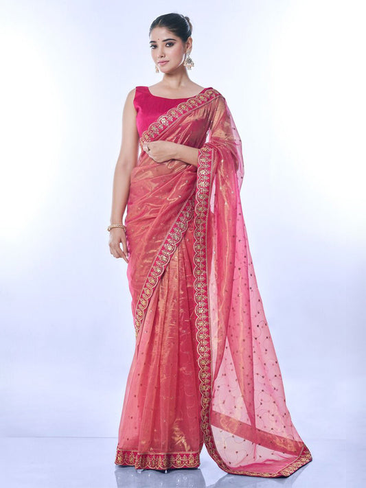 Pink Net Embellished Saree.