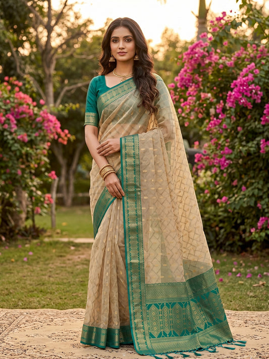 Rangvi Madhvi Soft Cotton Designer Elegant Festive Wear Saree with Rich Beinge Rama Green Zari Border
