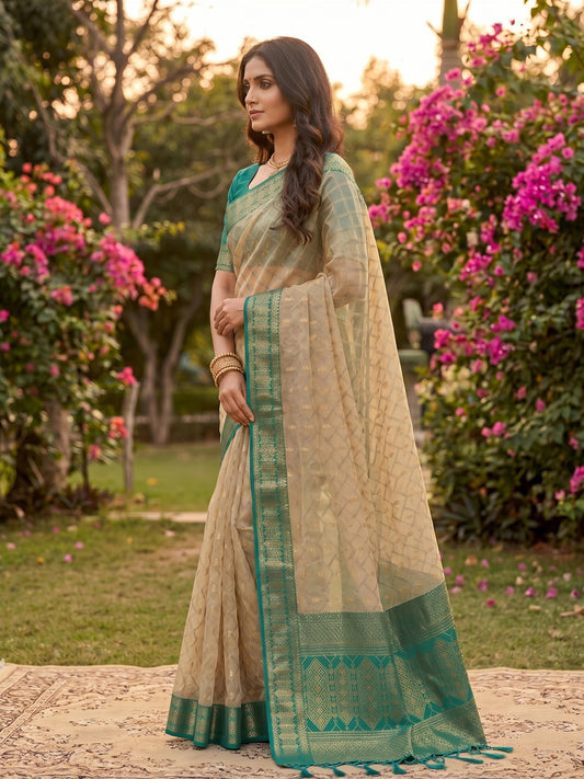 Rangvi Madhvi Soft Cotton Designer Elegant Festive Wear Saree with Rich Beinge Rama Green Zari Border