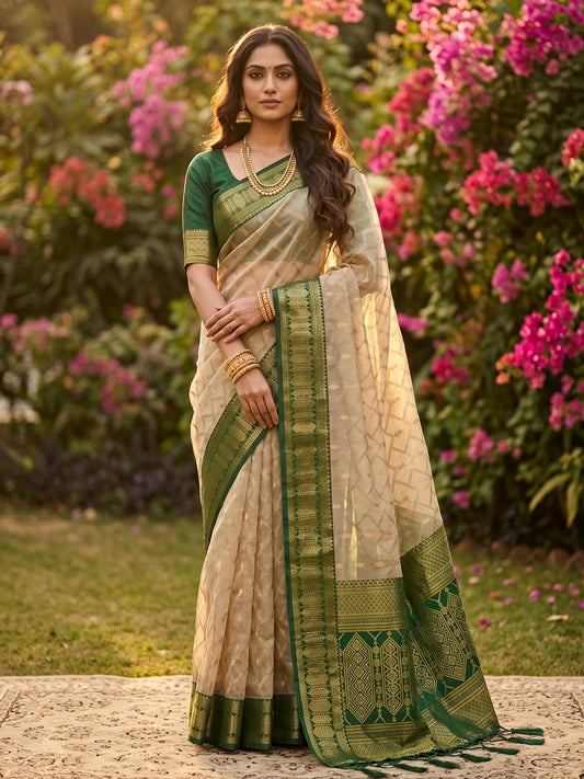 Rangvi Madhvi Soft Cotton Designer Elegant Festive Wear Saree with Rich Beinge Green Zari Border