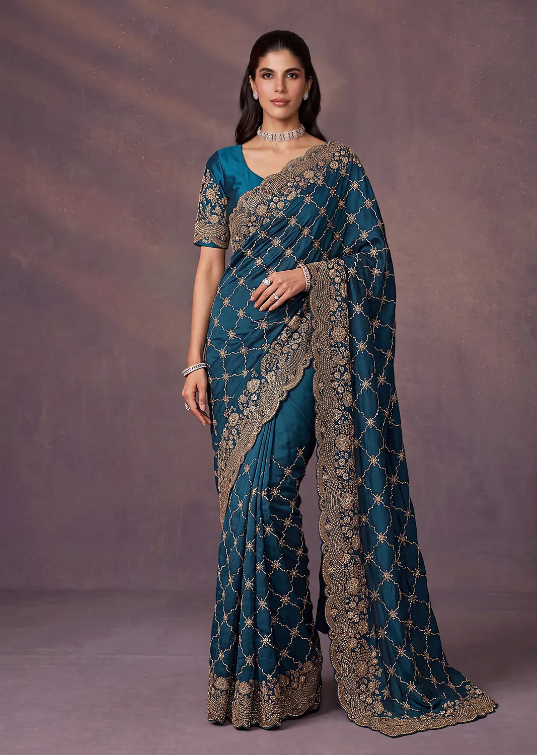 Rangvi Premium Satin Silk Metallic Dori Embroidered Wedding Saree