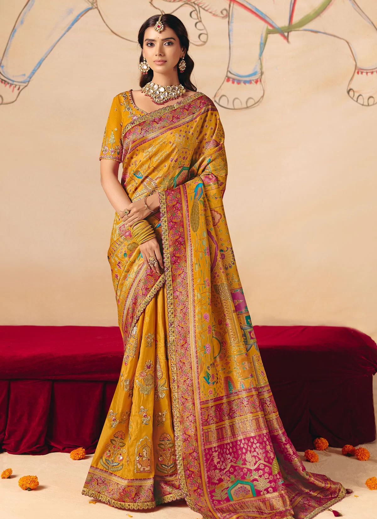 Rangvi New Designer Yellow Embroidered Dola Zari Silk Festive Saree