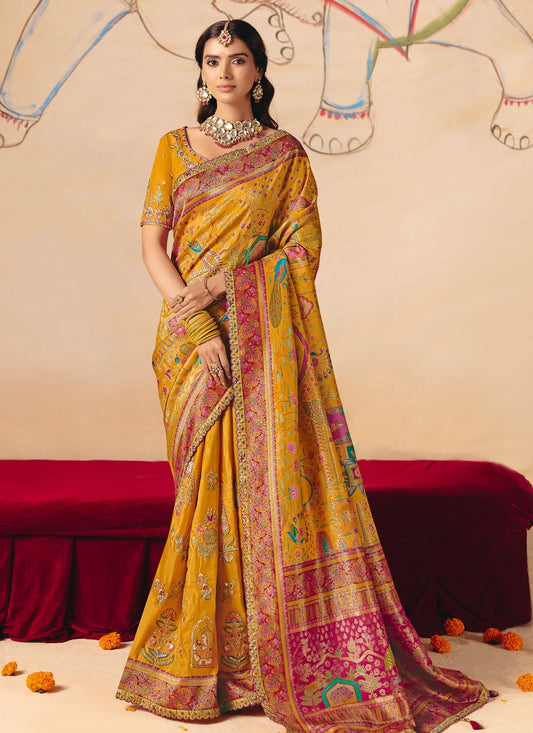 Rangvi New Designer Yellow Embroidered Dola Zari Silk Festive Saree