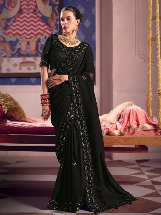 Black Ombre Tissue Silk Saree with Heavy Embroidered Work Saree.