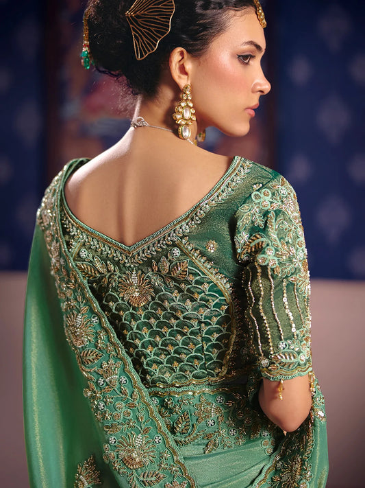Rangvi Tarang Viscose Zari Tissue Designer  Embroidered Green Saree