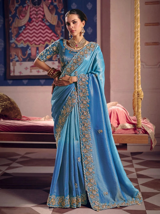 Rangvi Aqua Blue Ombre Tissue Silk Saree with Heavy Embroidered Work Saree.