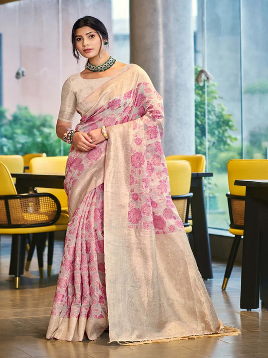 Rangvi Triveni Cotton Silk Designer Saree with Pink Floral Weaving & Zari Border