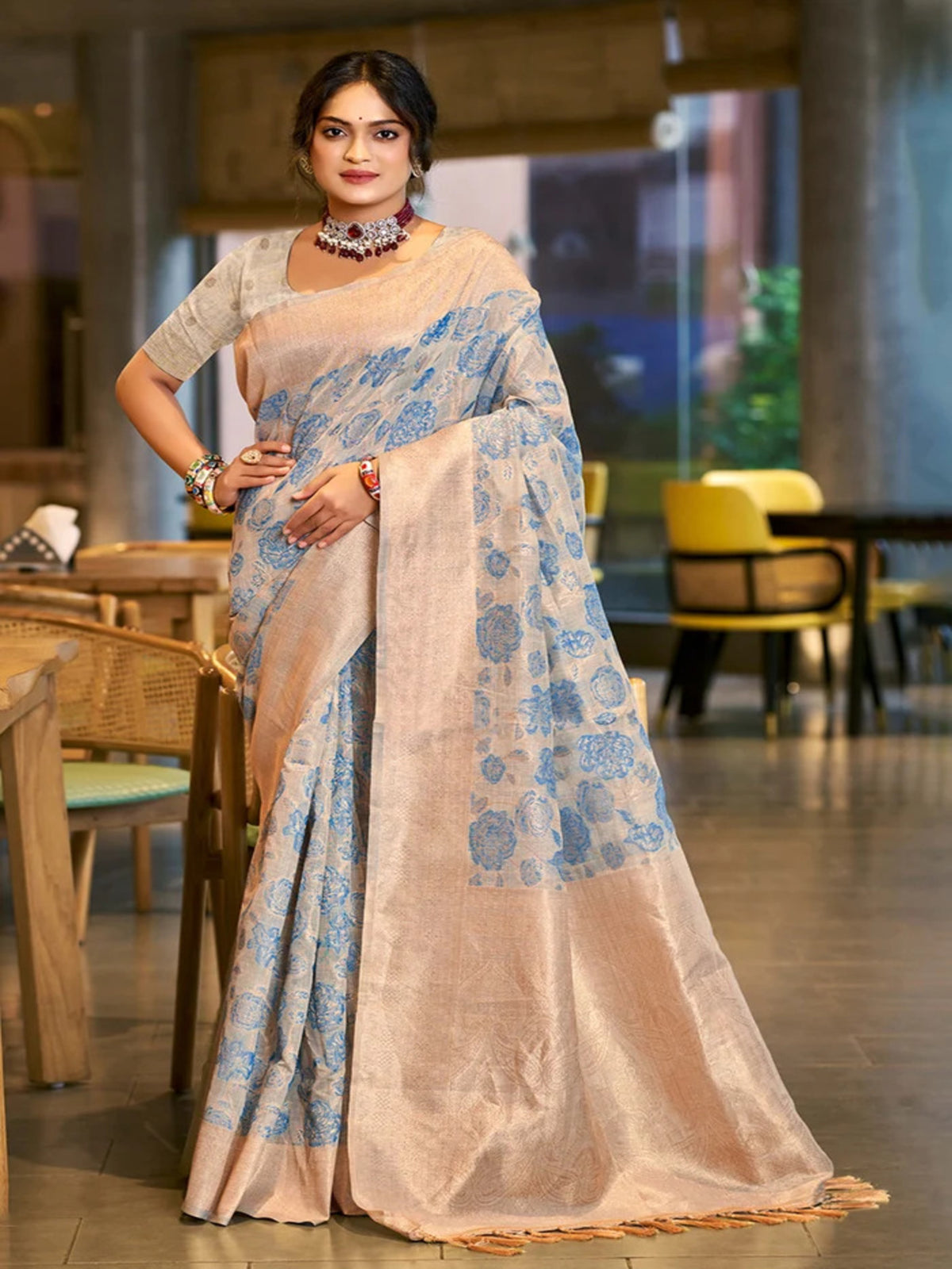 Rangvi Triveni Cotton Silk Designer Saree with Blue Floral Weaving & Zari Border