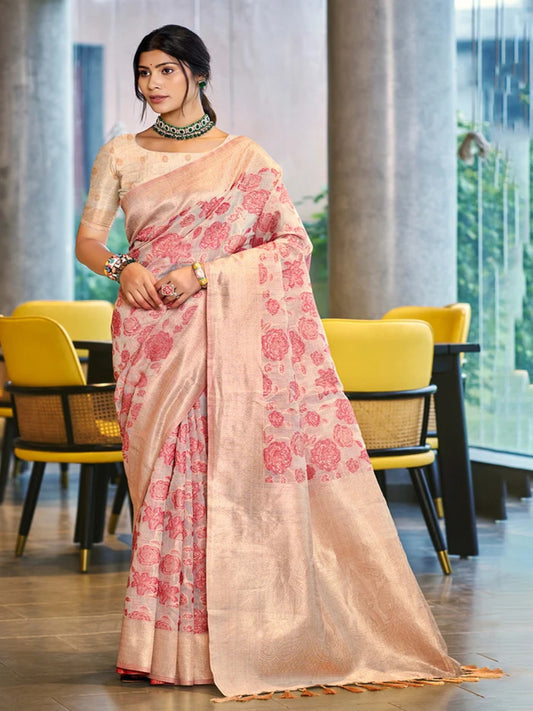 Rangvi Triveni Cotton Silk Designer Saree with Soft Pink Floral Weaving & Zari Border