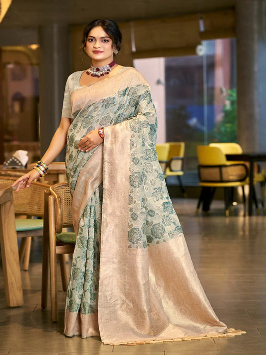 Rangvi Triveni Cotton Silk Designer Saree with Green Floral Weaving & Zari Border
