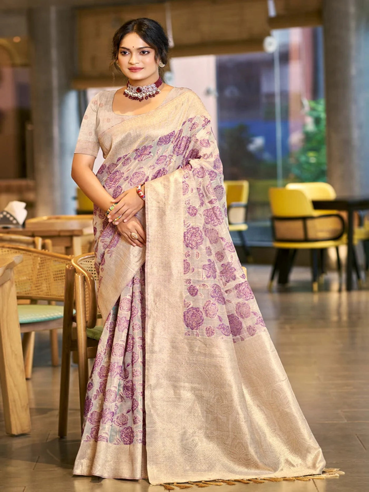 Rangvi Triveni Cotton Silk Designer Saree with Purple Floral Weaving & Zari Border