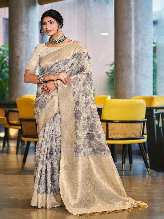 Rangvi Triveni Cotton Silk Designer Saree with Grey Floral Weaving & Zari Border
