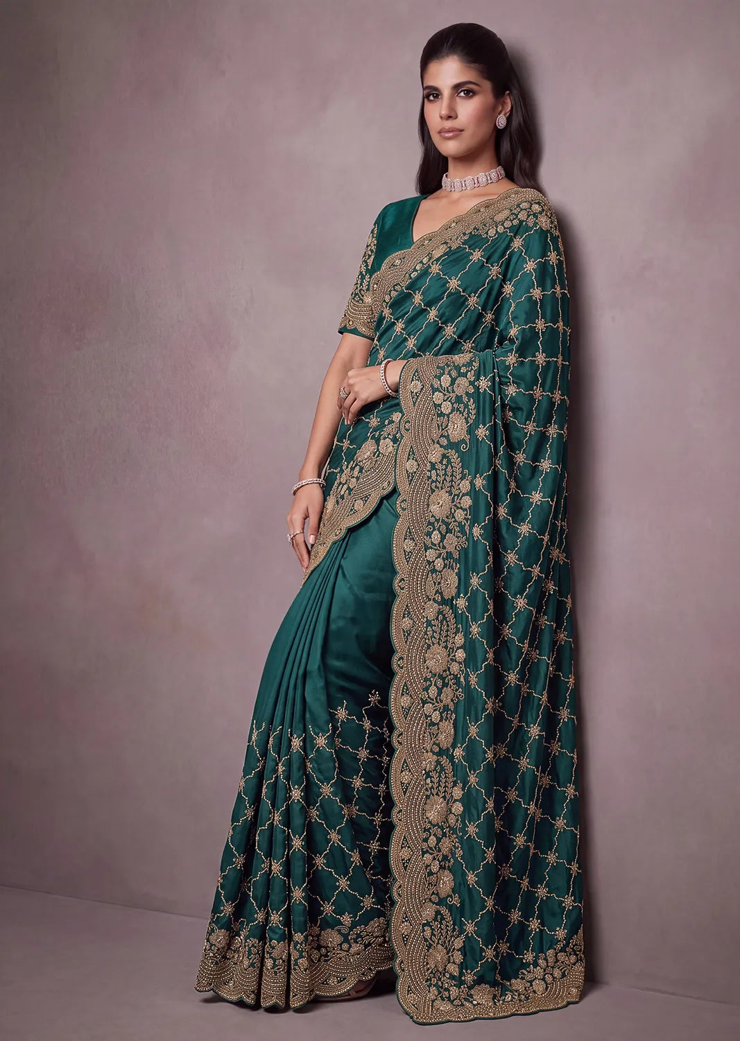 Rangvi Premium Satin Silk Metallic Dori Embroidered Wedding Saree