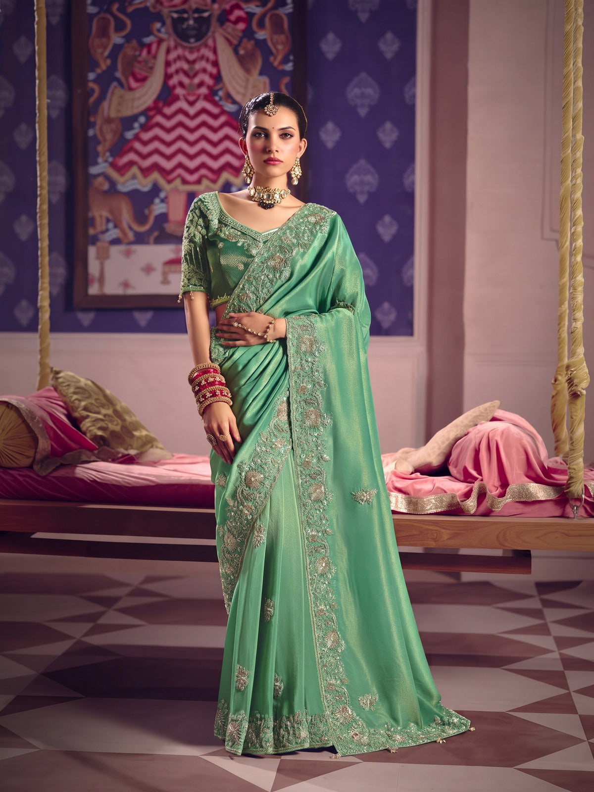 Rangvi Tarang Viscose Zari Tissue Designer  Embroidered Green Saree