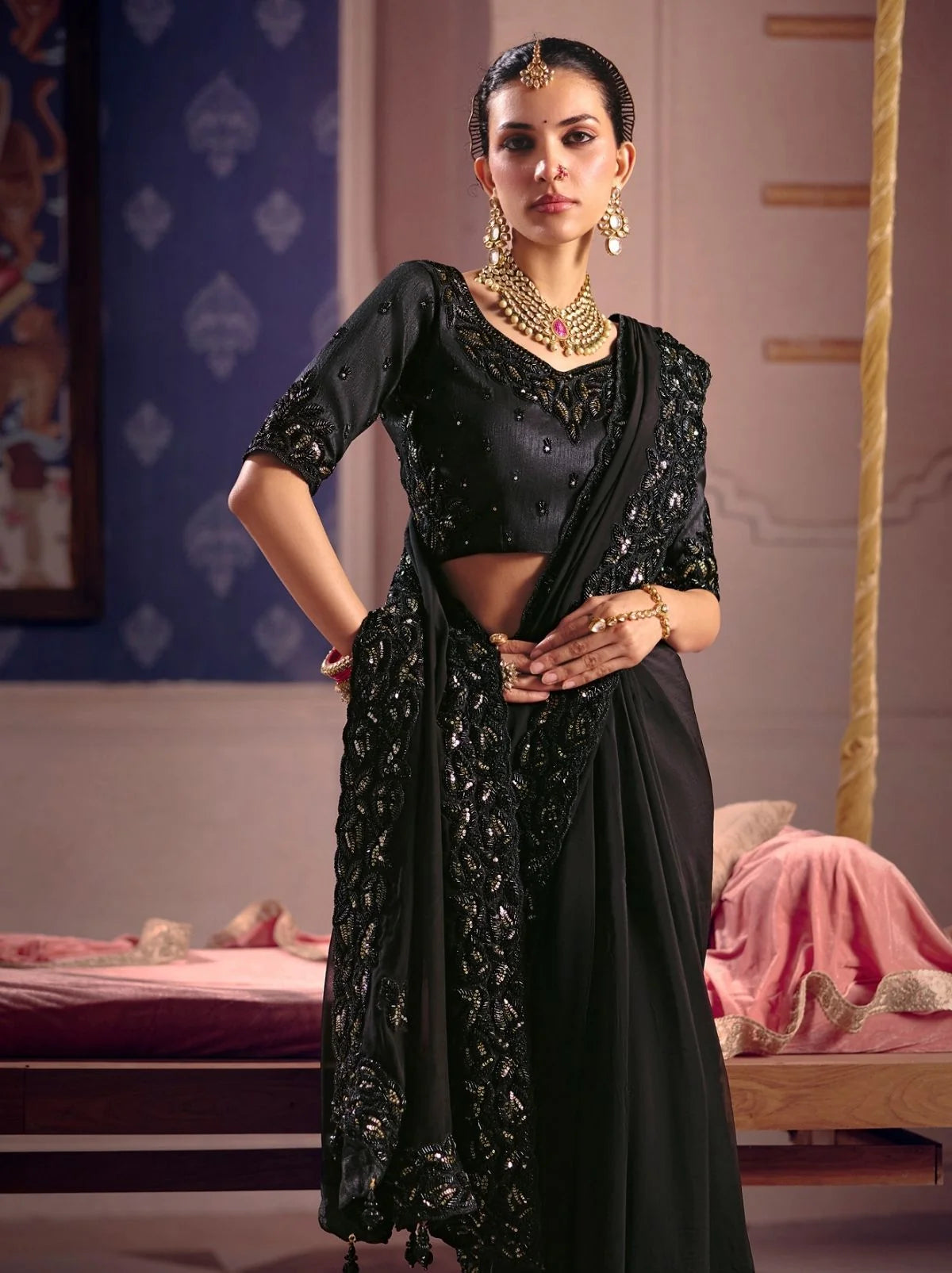 Black Ombre Tissue Silk Saree with Heavy Embroidered Work Saree.