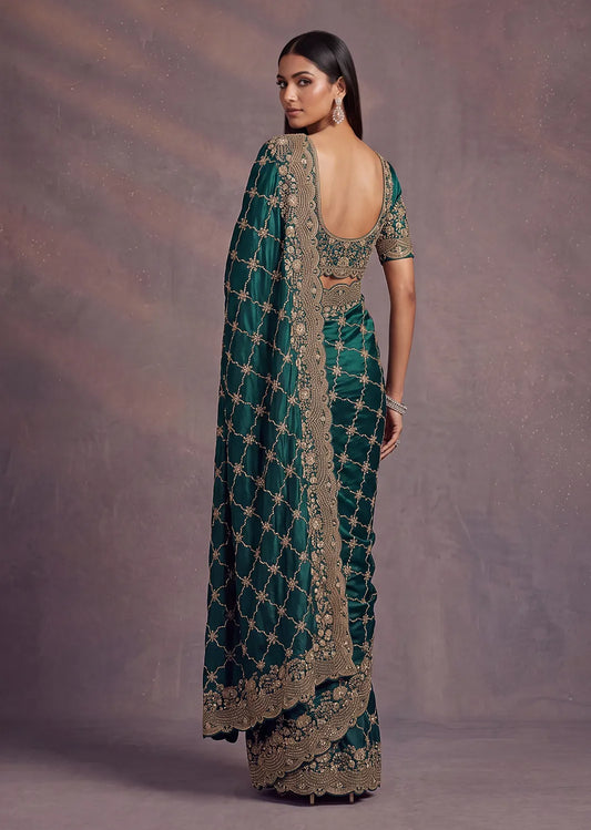 Rangvi Premium Satin Silk Metallic Dori Embroidered Wedding Saree