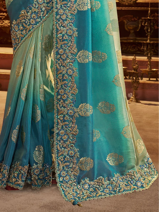 Rangvi Sea Green Ombre Silk Saree with Zari Work & Floral Motifs.