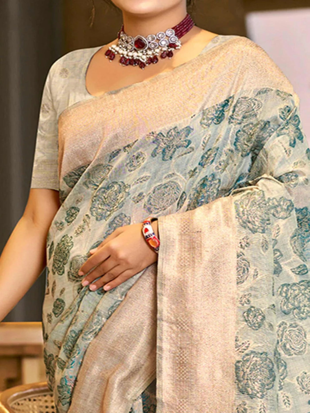 Rangvi Triveni Cotton Silk Designer Saree with Green Floral Weaving & Zari Border