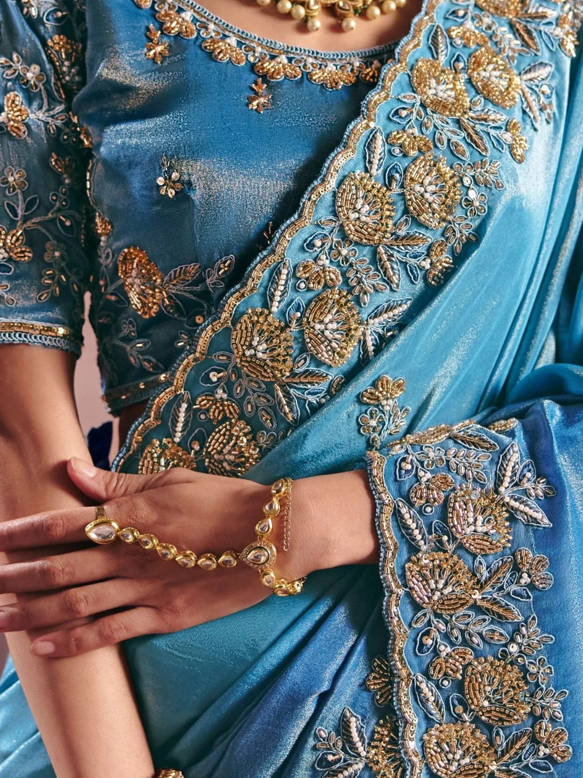 Rangvi Aqua Blue Ombre Tissue Silk Saree with Heavy Embroidered Work Saree.