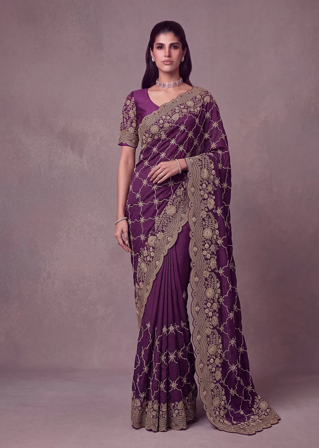 Rangvi Premium Satin Silk Metallic Dori Embroidered Wedding Saree