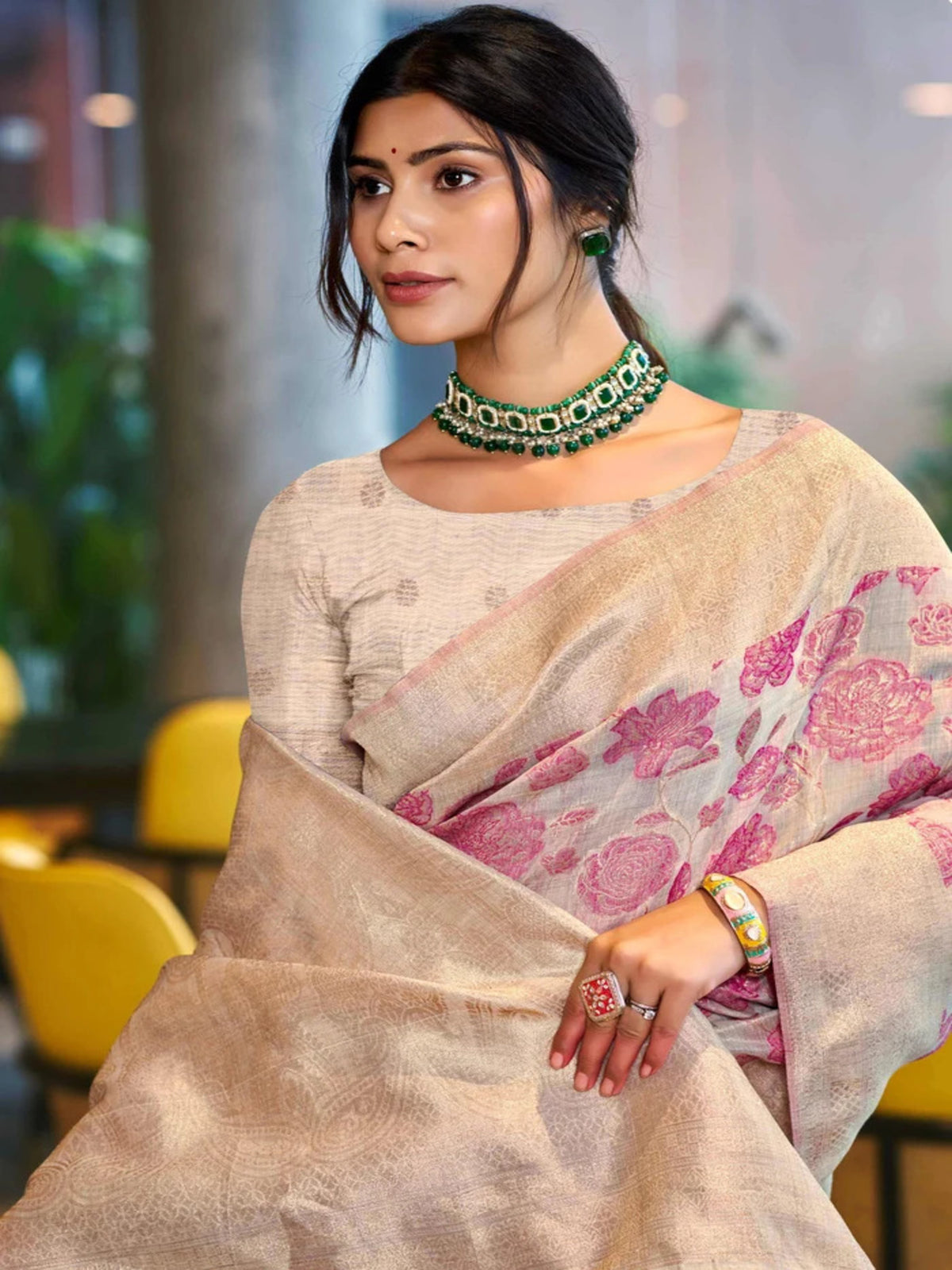 Rangvi Triveni Cotton Silk Designer Saree with Pink Floral Weaving & Zari Border