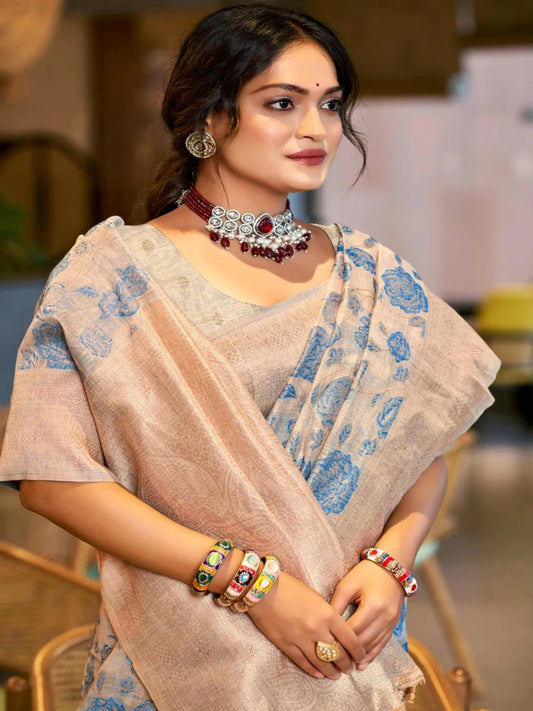 Rangvi Triveni Cotton Silk Designer Saree with Blue Floral Weaving & Zari Border