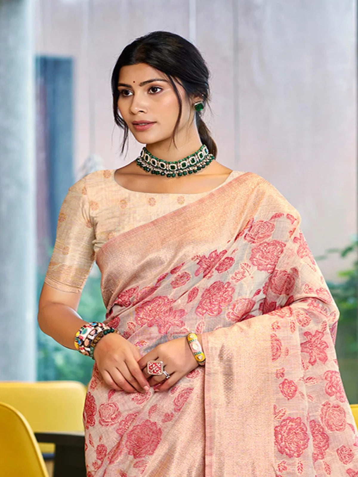 Rangvi Triveni Cotton Silk Designer Saree with Soft Pink Floral Weaving & Zari Border