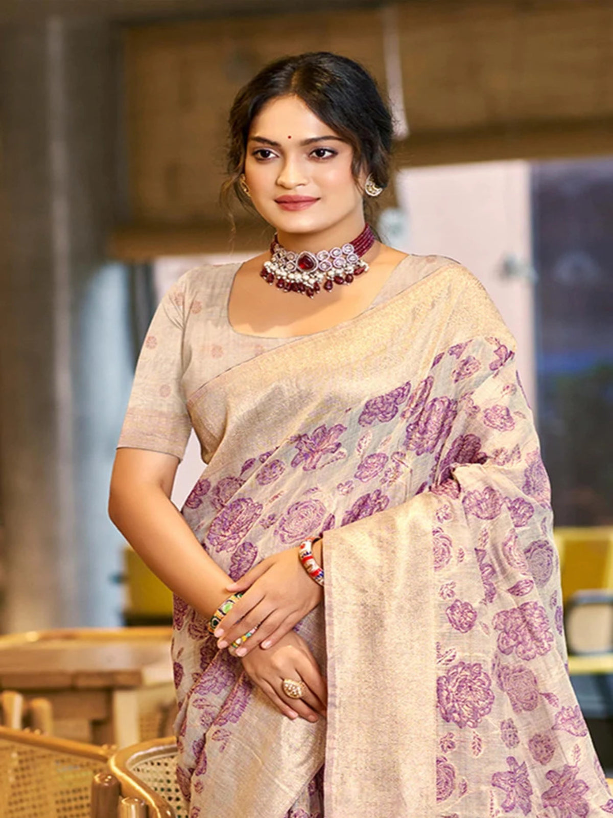 Rangvi Triveni Cotton Silk Designer Saree with Purple Floral Weaving & Zari Border