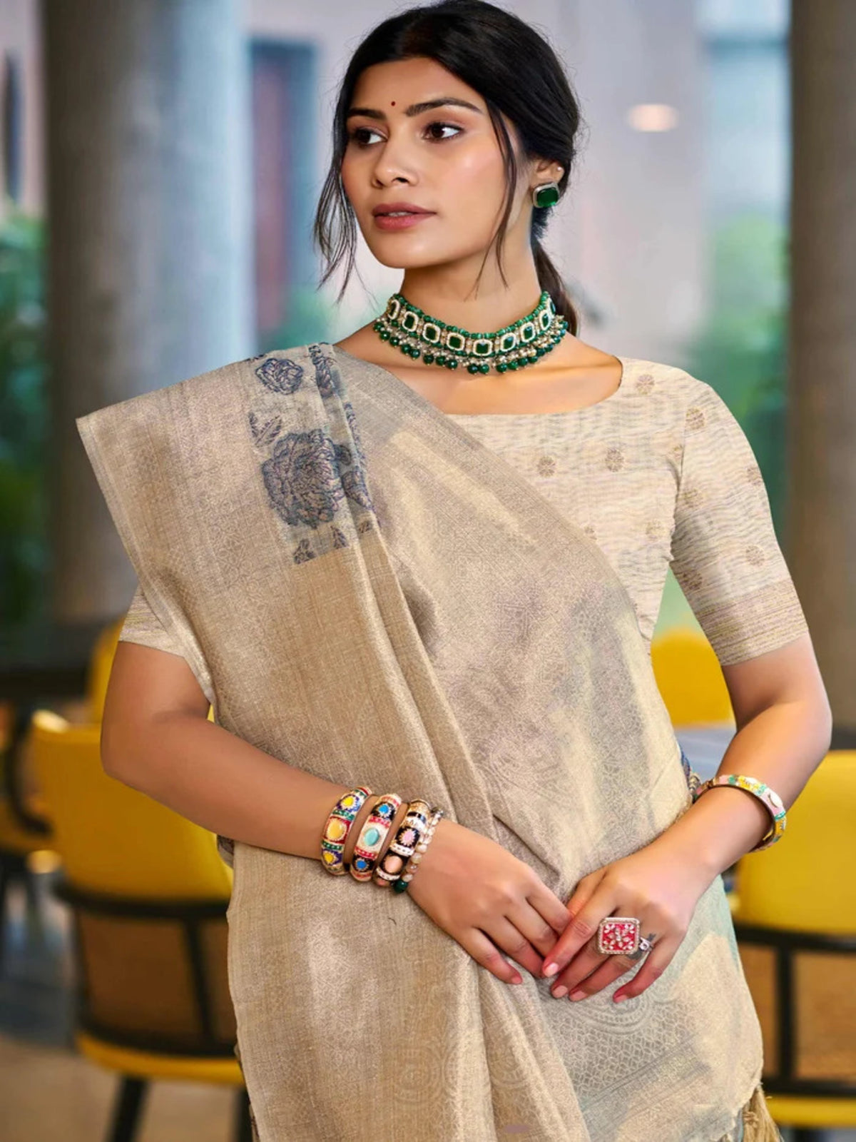 Rangvi Triveni Cotton Silk Designer Saree with Grey Floral Weaving & Zari Border