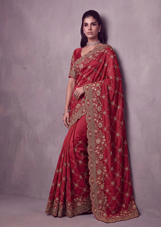 Rangvi Premium Satin Silk Metallic Dori Embroidered Wedding Saree