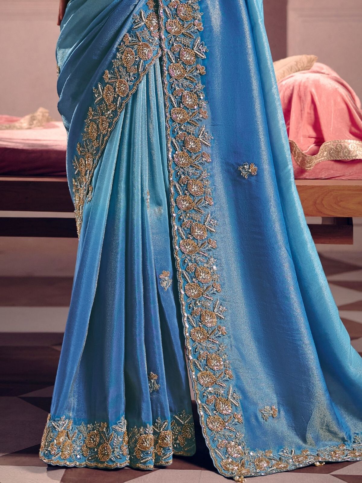 Rangvi Aqua Blue Ombre Tissue Silk Saree with Heavy Embroidered Work Saree.