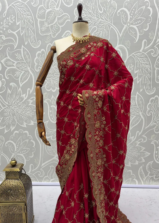 Rangvi Premium Satin Silk Metallic Dori Embroidered Wedding Saree