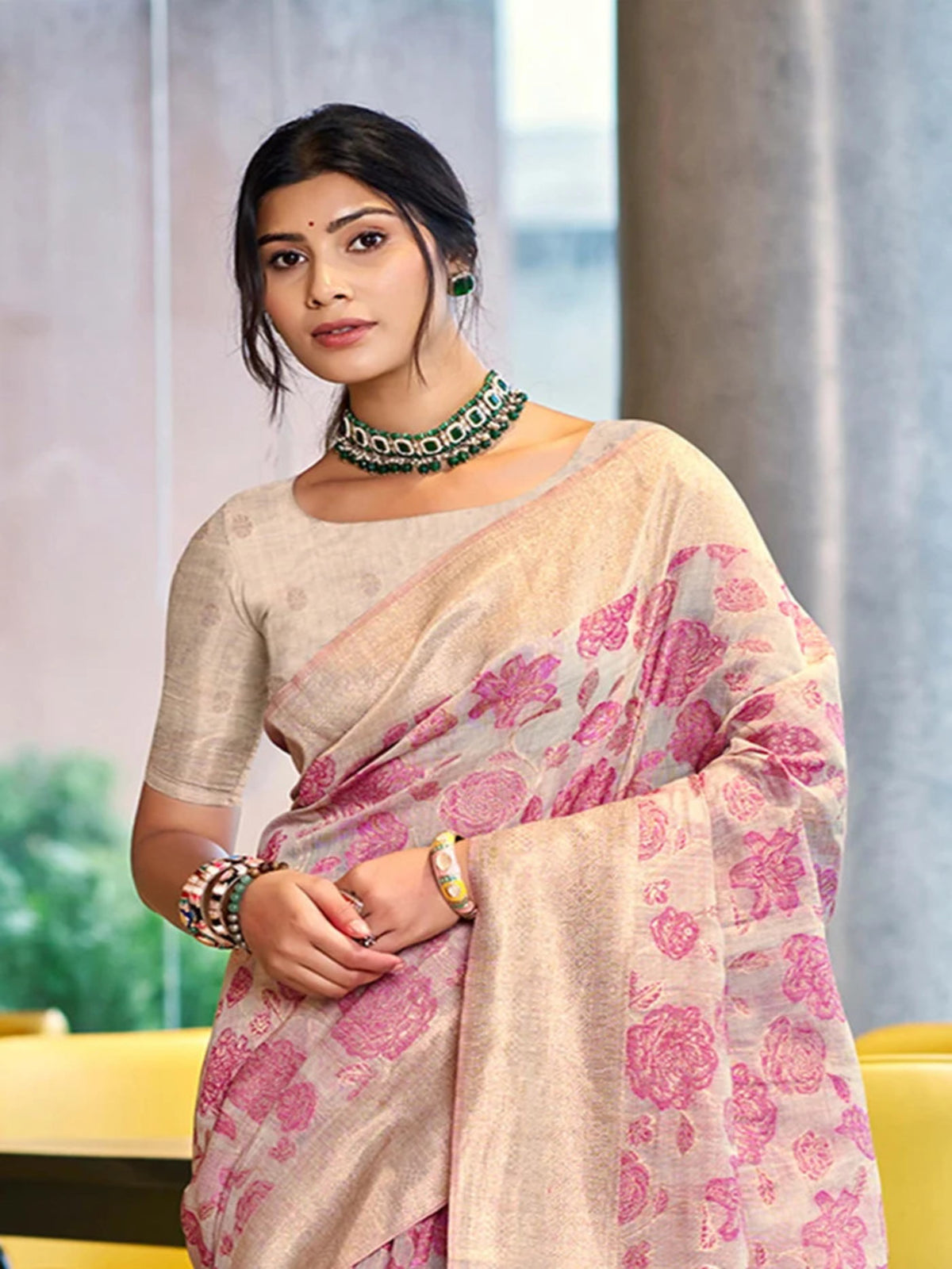 Rangvi Triveni Cotton Silk Designer Saree with Pink Floral Weaving & Zari Border