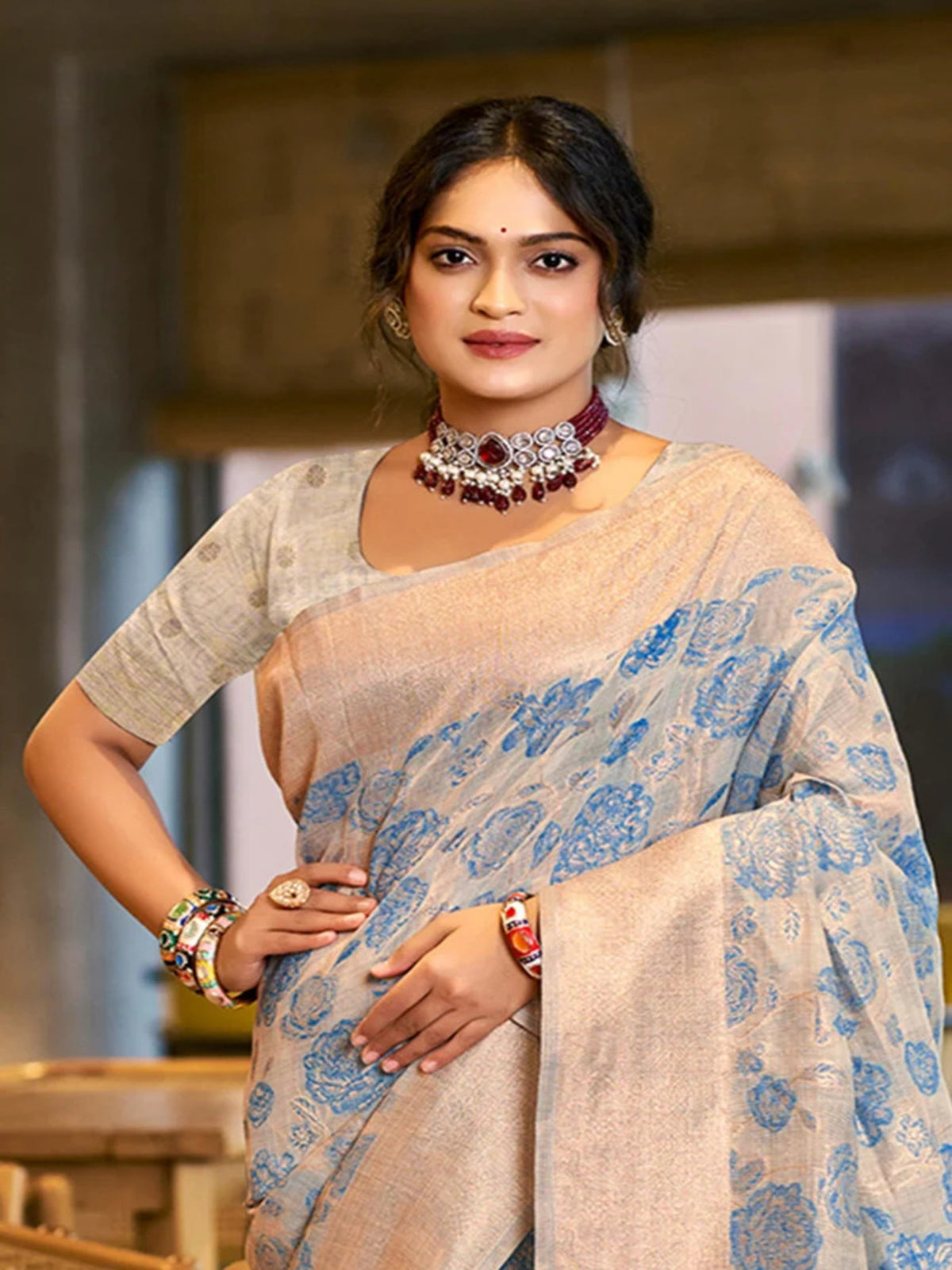 Rangvi Triveni Cotton Silk Designer Saree with Blue Floral Weaving & Zari Border
