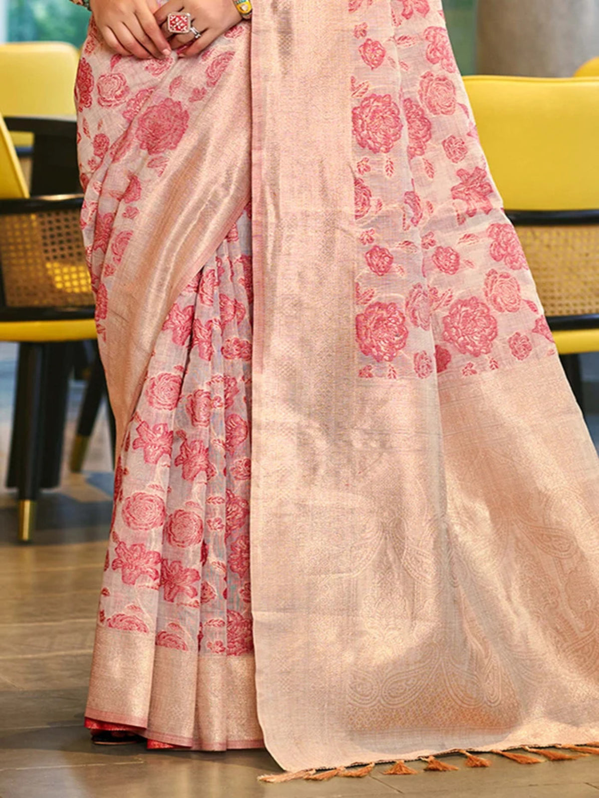 Rangvi Triveni Cotton Silk Designer Saree with Soft Pink Floral Weaving & Zari Border