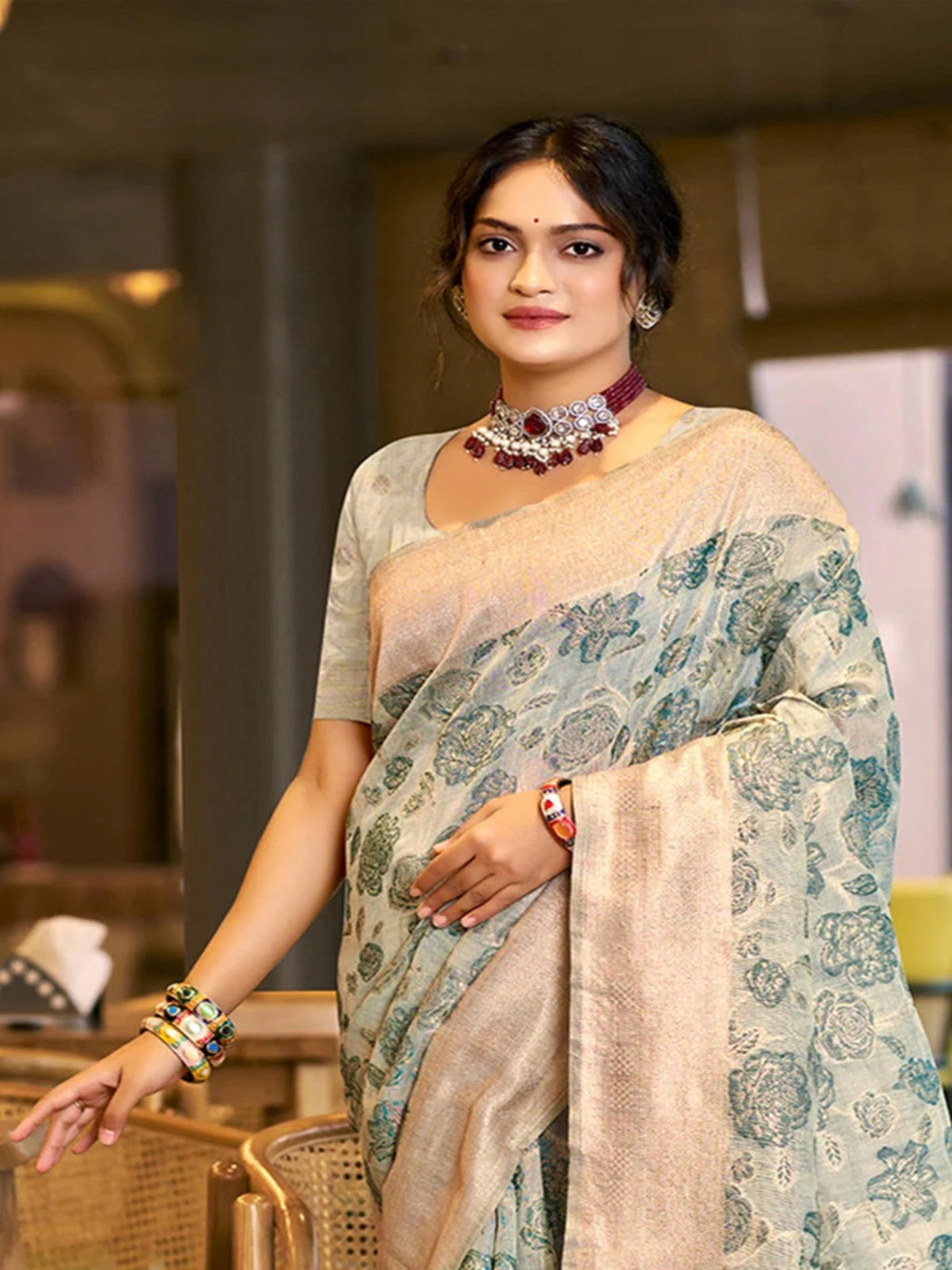 Rangvi Triveni Cotton Silk Designer Saree with Green Floral Weaving & Zari Border