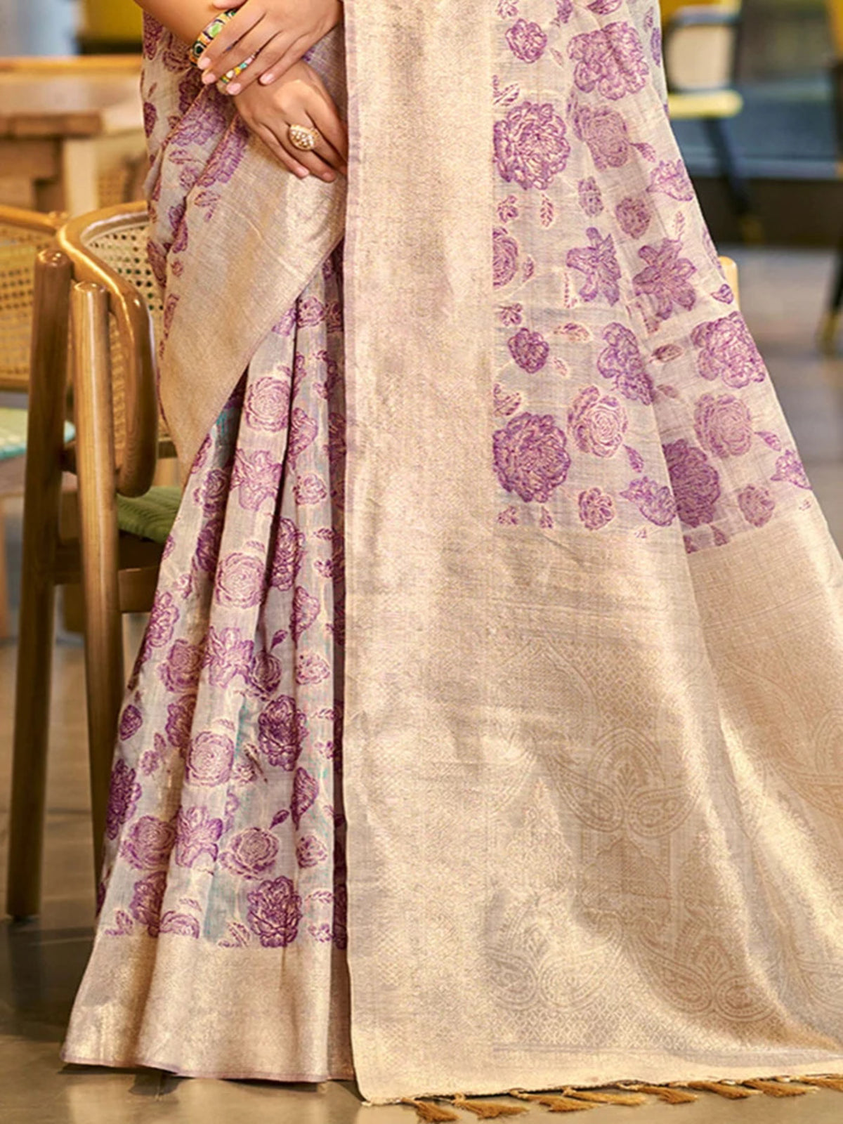 Rangvi Triveni Cotton Silk Designer Saree with Purple Floral Weaving & Zari Border