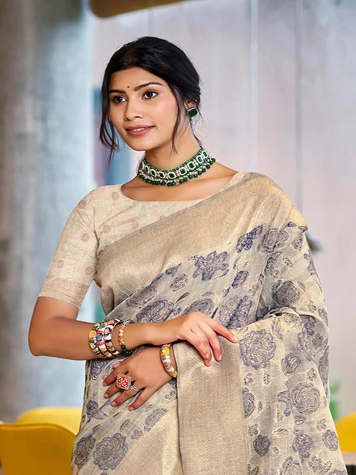 Rangvi Triveni Cotton Silk Designer Saree with Grey Floral Weaving & Zari Border