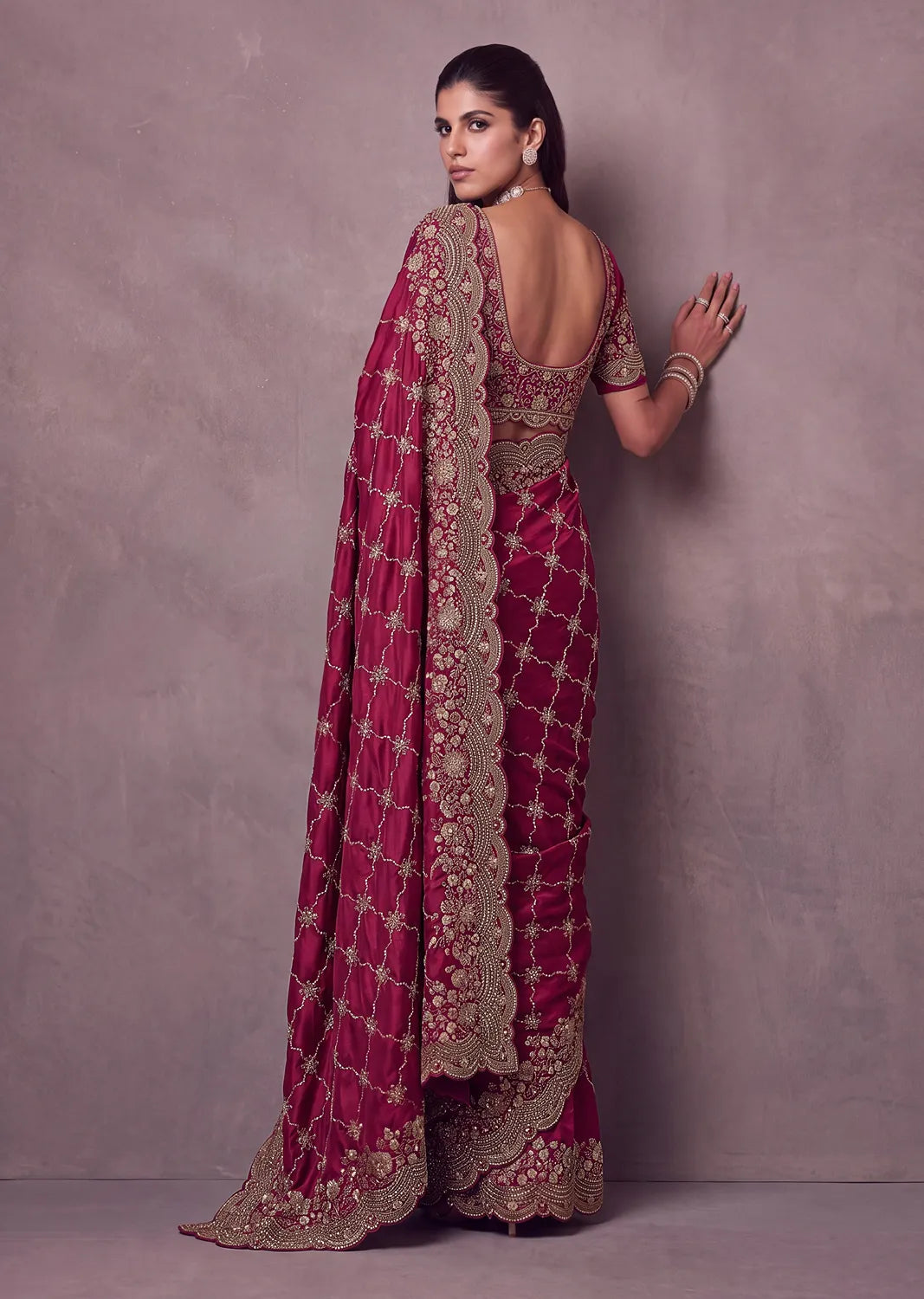 Rangvi Premium Satin Silk Metallic Dori Embroidered Wedding Saree