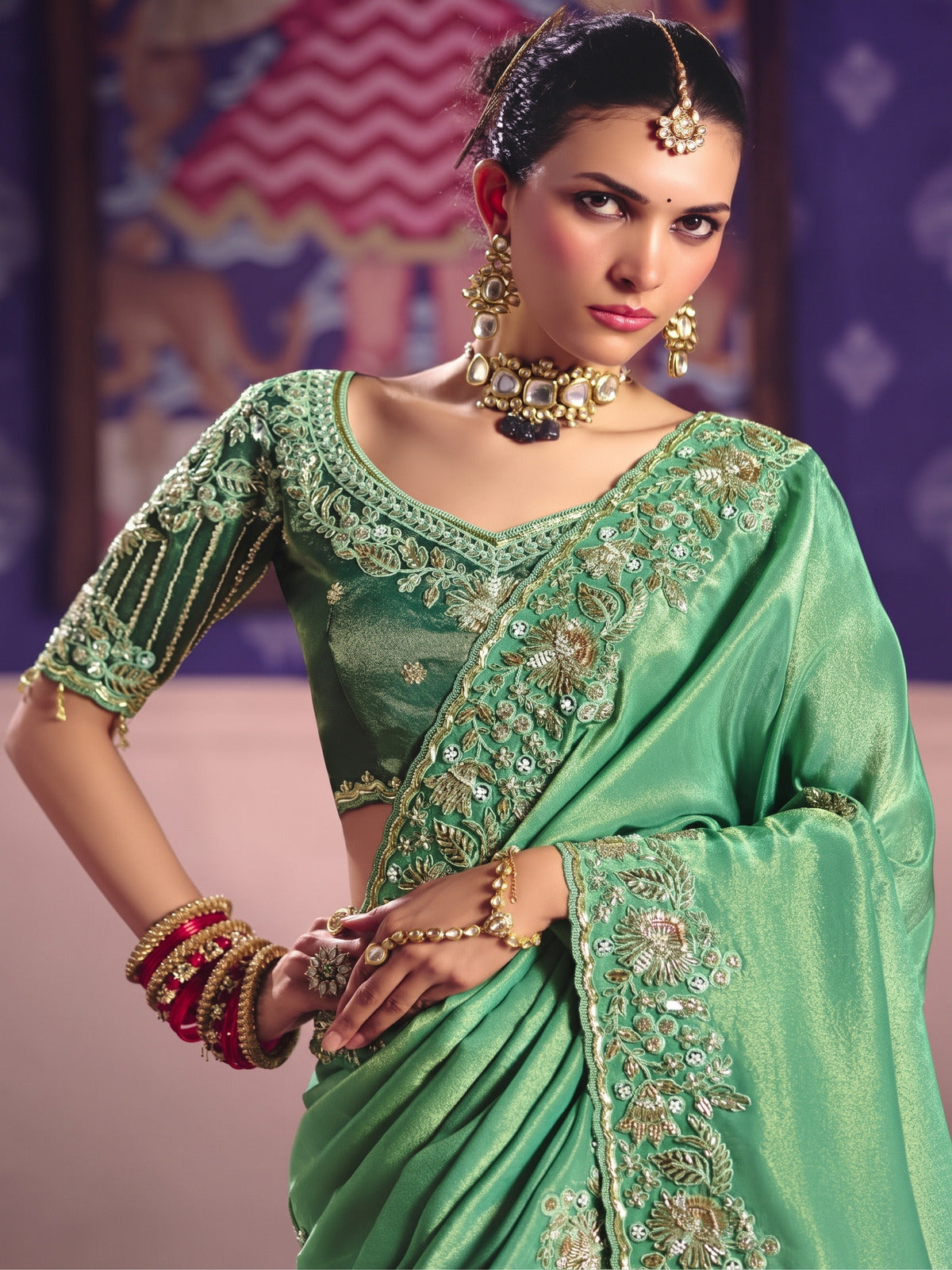 Rangvi Tarang Viscose Zari Tissue Designer  Embroidered Green Saree