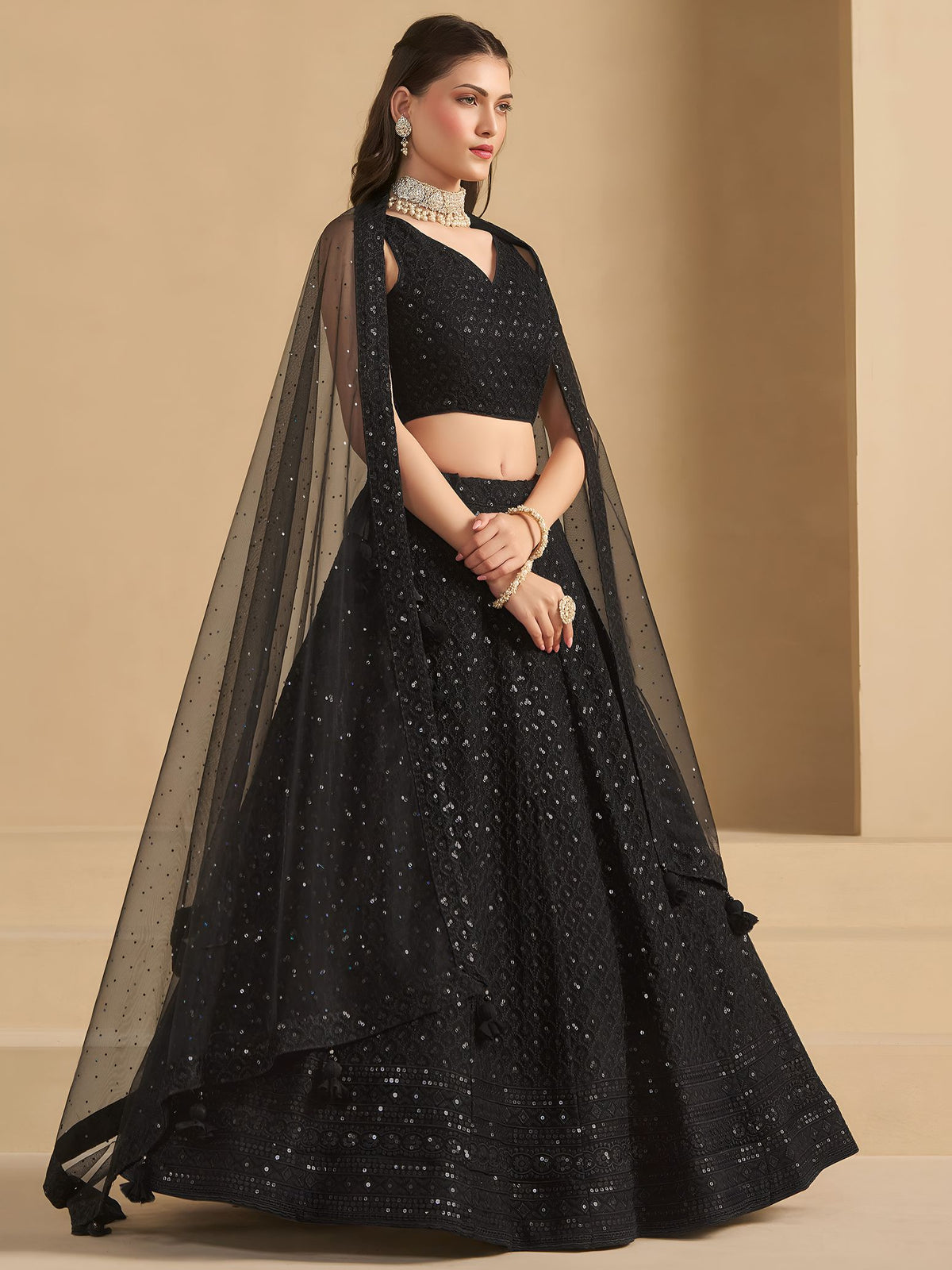 Black Georgette Semi-Stitched Lehenga Choli with Soft Net Dupatta