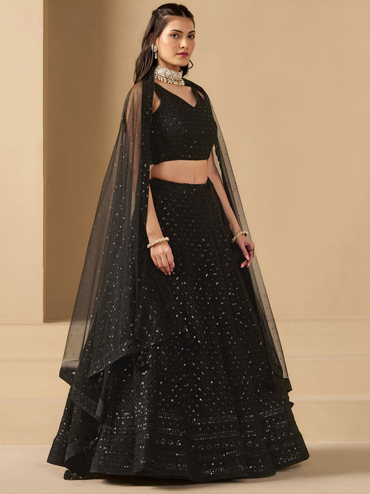 Black Georgette Semi-Stitched Lehenga Choli with Soft Net Dupatta