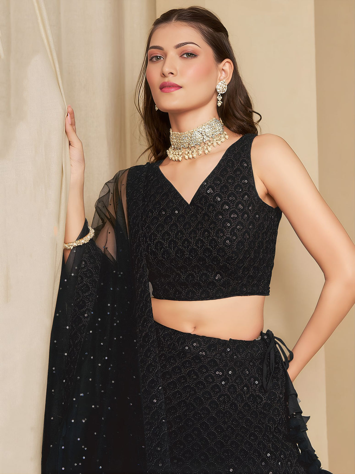 Black Georgette Semi-Stitched Lehenga Choli with Soft Net Dupatta