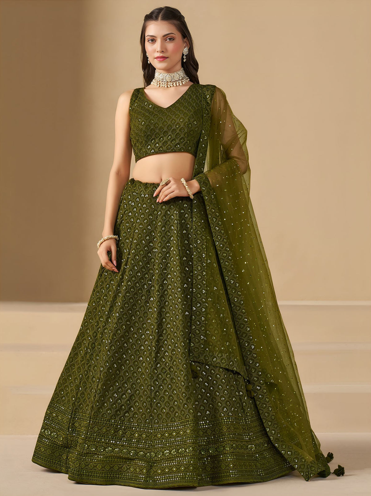 Mehndi Georgette Semi-Stitched Lehenga Choli with Soft Net Dupatta